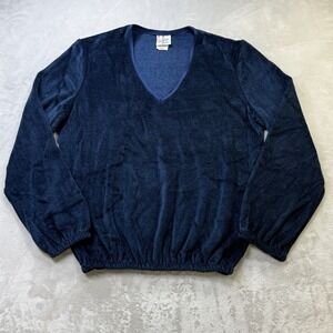 Vintage 70s Womens Terry Cloth Velour Banded Blue Shirt Beach Small Sweater